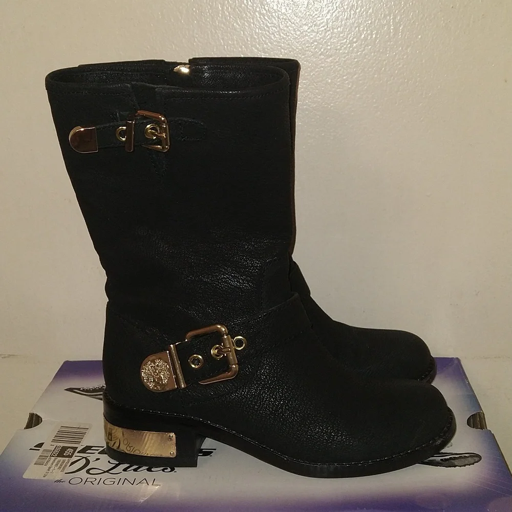 Vince Camuto Winchell Moto Mid Calf Black Leather Boots With Gold Tone Metal - Picture 3 of 6